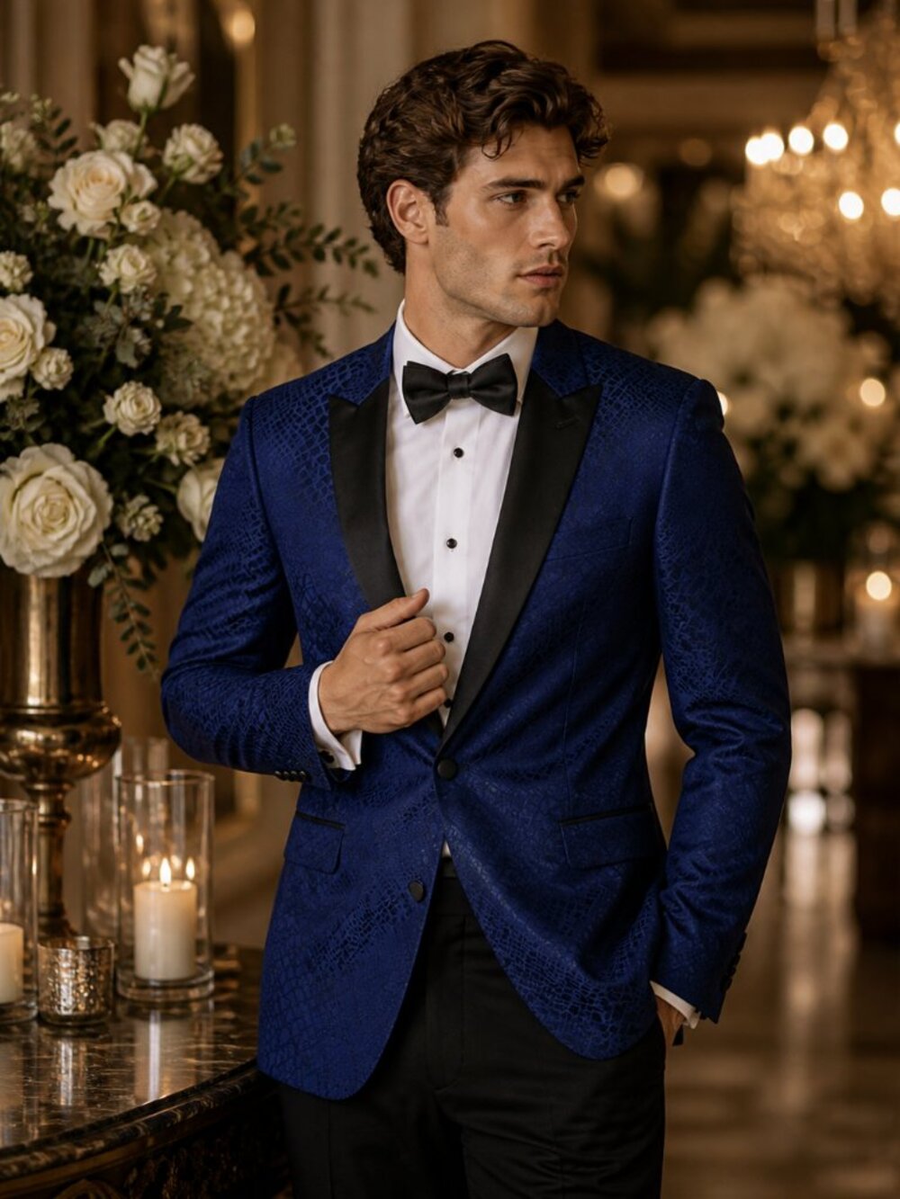 J Ferrar Blue Jacquard Tuxedo Jacket Blazer Satin Lapel Slim Fit 46R